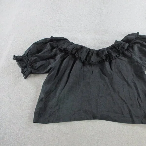 DOEN Samara Top Womens Small Black Ramie Tencel Blend Lace Ruffles Puff Sleeve - Picture 5 of 14